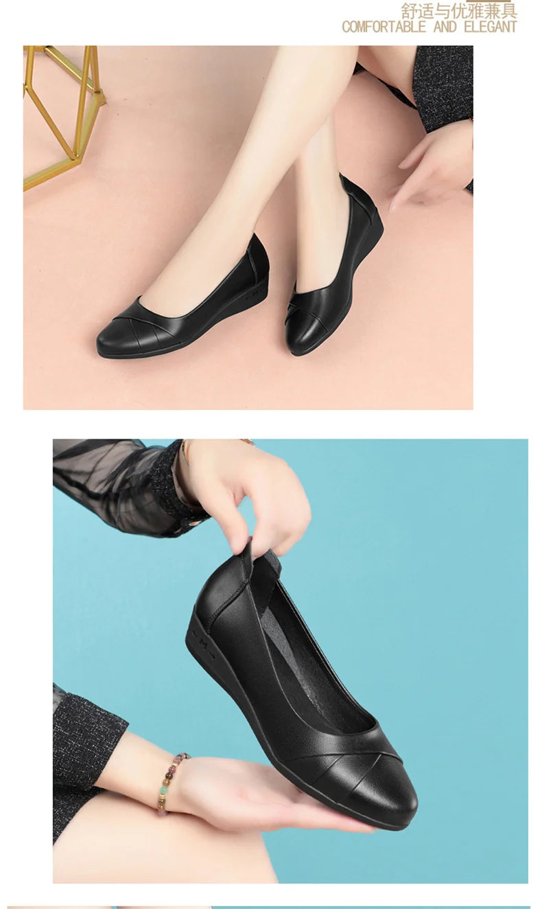 Women Fashion Light Weight Wedge Heel Comfort Spring Autumn Shoes Casual Sweet  Black Leather Soft Bottom Flat Shoes
