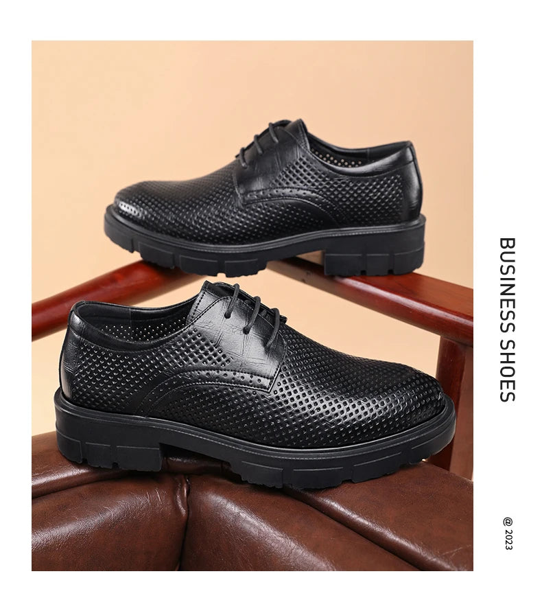 New Men Hollow Summer Platform High Heel 5/8/10 CM Height Growth Formal Men Derby Leather Shoes Man Wedding Dress Shoes Elevator