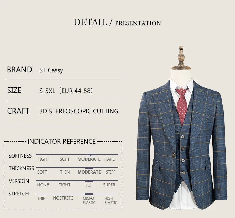 High Quality 3 Piece Checkered Suit Set Dark Blue Stylish Business Office Wedding Formal Outfit Elegant Full Man Dinner Suit