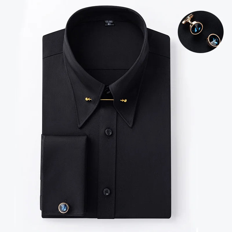 Men's Empire Neck French Cufflink Shirt Slim Fit Business Dress Assorted Cufflinks Lead Needle Large Tip Neck Men's White Shirt