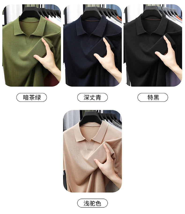 100%  Lyocell Knitwear 2025 Men Spring Summer Trendy Turn Down Collar Knit Tees Short Sleeve Breathable Knit Tops