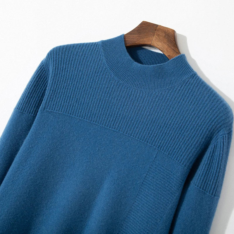 Autumn and winter new 100% pure wool men's semi-turtle neck loose knit solid color Joker casual knit bottoming shirt.