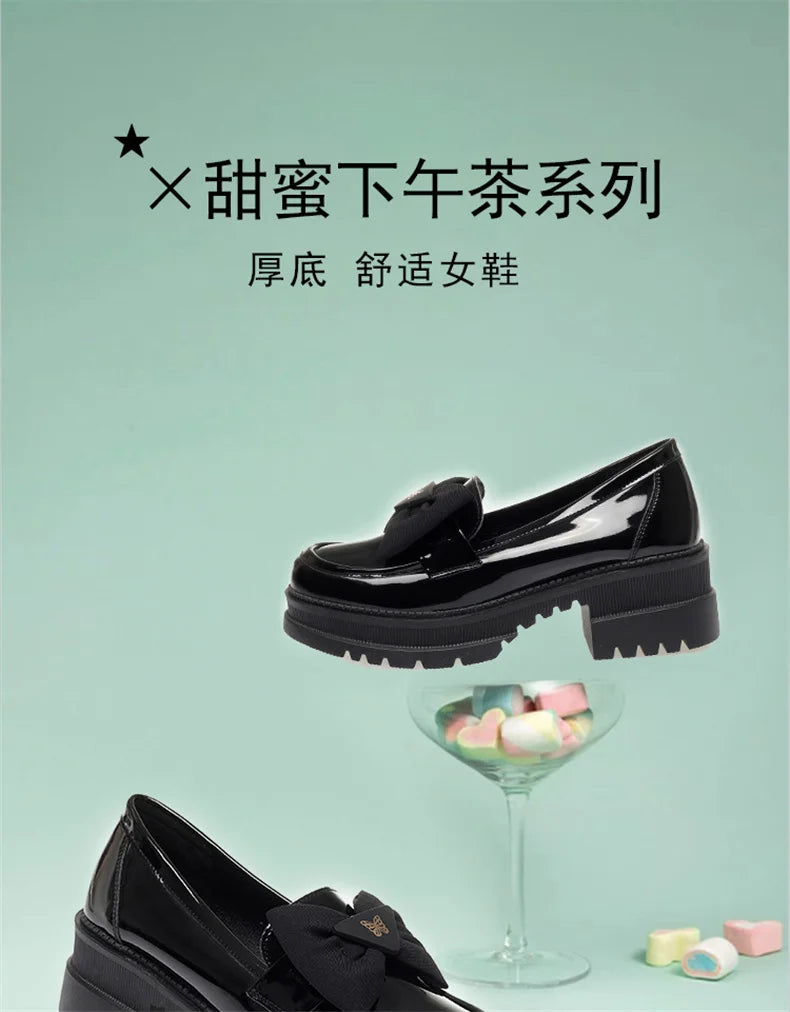 Spring Women British Style Shallow Patent Leather Black Loafers Thick Bottom Bow Platform Shoes 2024 Med Heels Single Pumps