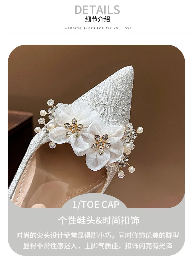 French Bride Gold Wedding Shoes spring women Thin Heel Pointed Shallow Mouth Flower Rhinodrill High Heels  Fashion Sandals
