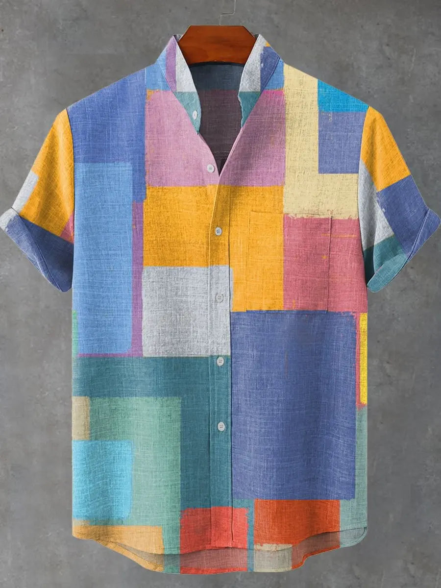 3D digital printing image of linen short sleeved shirt, designed for men's party atmosphere, casual style, retro men's shirt