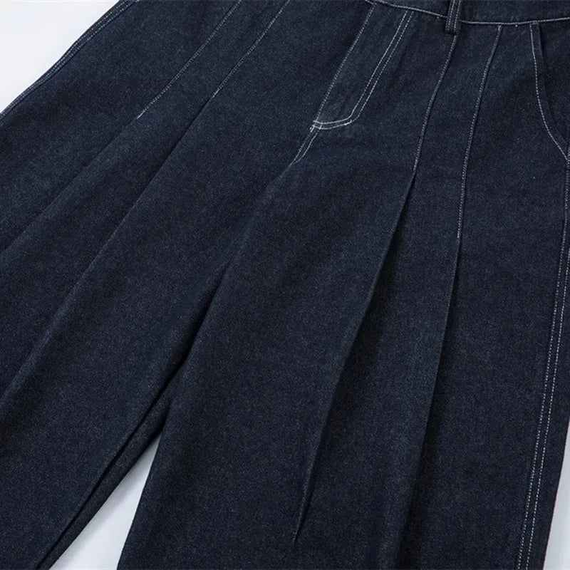 【Mirrordust】Pleated Baggy Jeans Men Loose Wide Leg Jeans Trousers Streetwear Harajuku Hip Hop Jeans Denim Pants