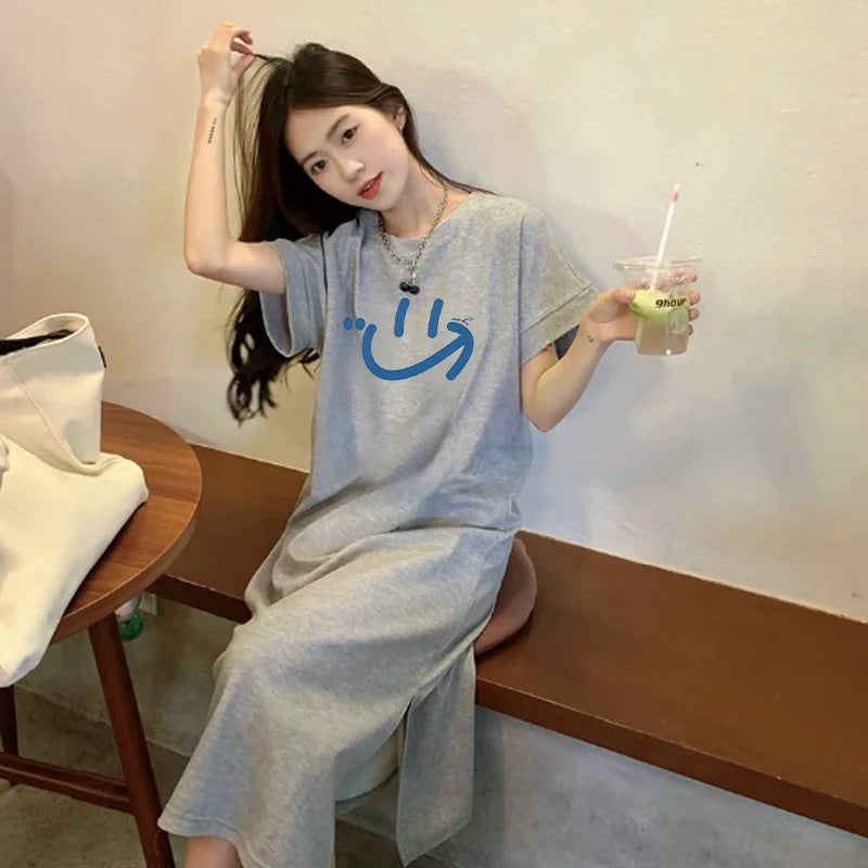 Arabic Print Side Split Long T Shirt Dress Women Loose Short Sleeve Oversized Casual Maxi Loungewear Dress