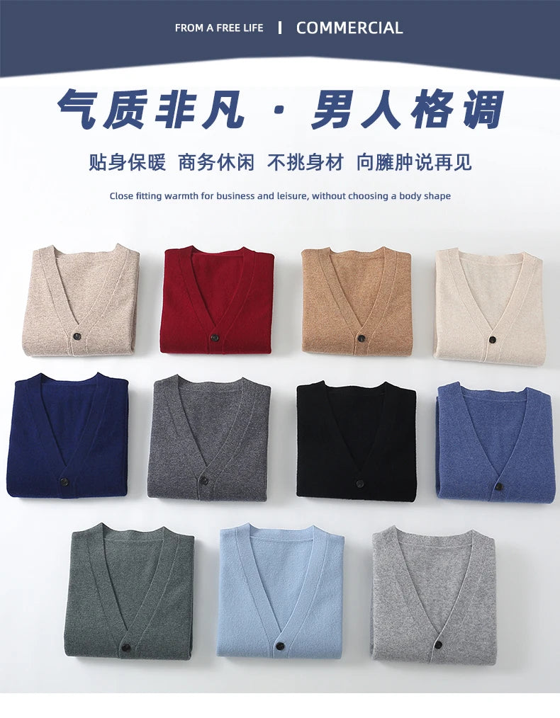 100% Pure Wool Sweater Autumn Winter New Men's Cardigan V-Neck Buckle Jacket Loose Casual Cashmere Knitted Sweater Long Sleeveds