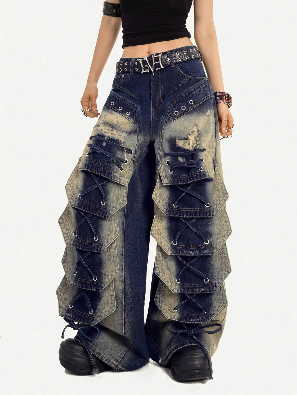 Fashionable Retro Embroidered Personalized Irregular High Waisted Jeans 2026 New Women Loose Oversized Streetwear Wide Leg Pants