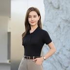 2026 NEW Solid Polo Shirts Womens Commuting Basics T-Shirts Comfy Button Shirt Solid Sport Tops Office Daily  Womans Clothes