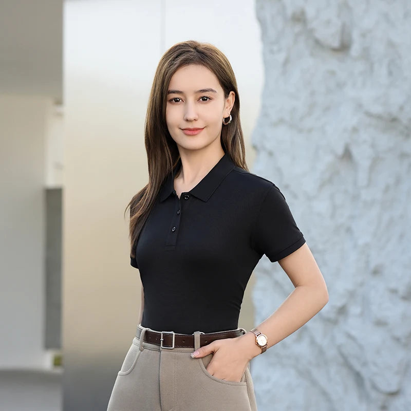 2026 NEW Solid Polo Shirts Womens Commuting Basics T-Shirts Comfy Button Shirt Solid Sport Tops Office Daily  Womans Clothes