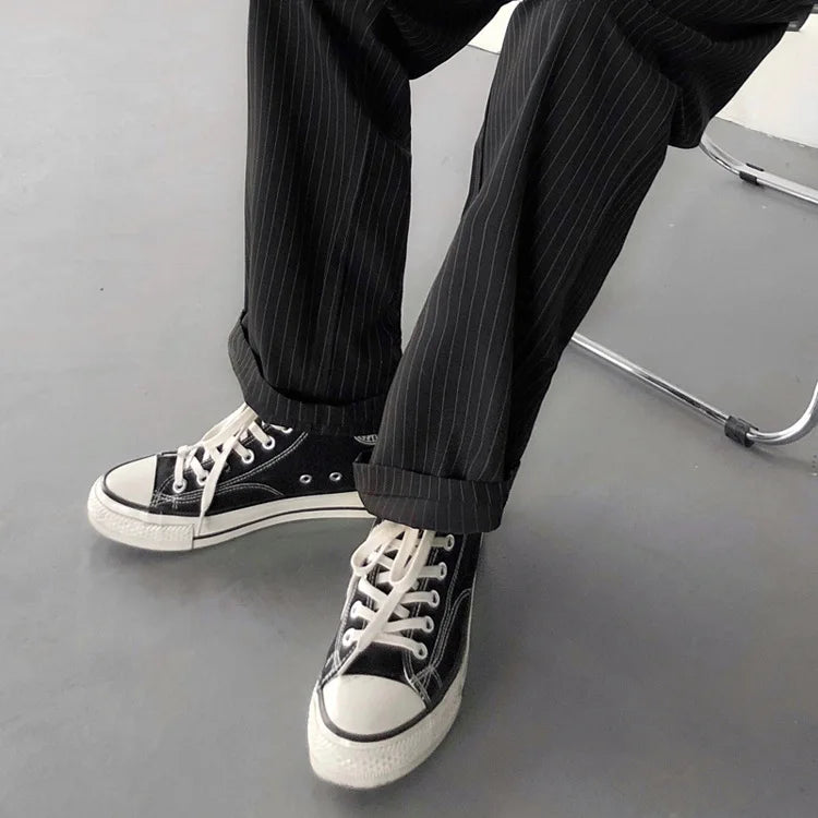 Spring Summer New Fashion Men's Korean Striped 2-piece Set Suits Blazers Pants Casual Trendy Straight Business Suit Male Sets