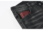 Men's Fashionable Black/Gray Jeans with Pleats Nostalgic Perforations Red Patches Washed Water High Street Style