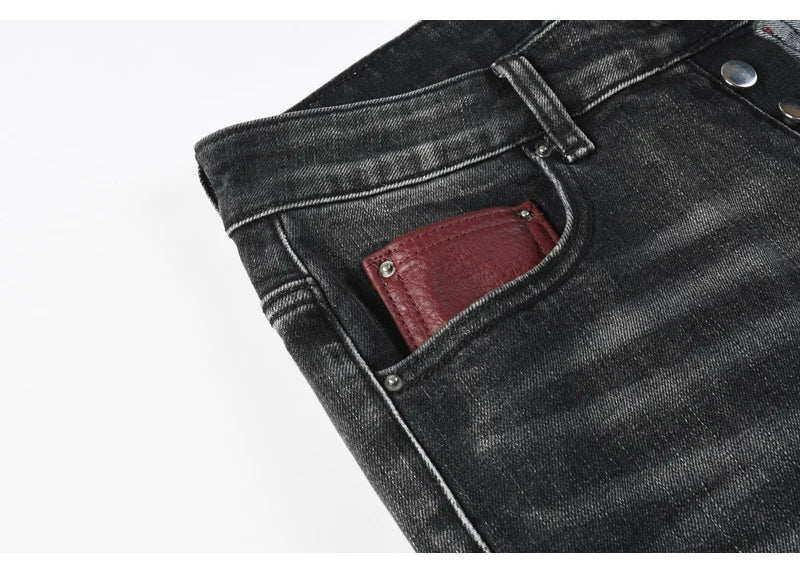 Men's Fashionable Black/Gray Jeans with Pleats Nostalgic Perforations Red Patches Washed Water High Street Style
