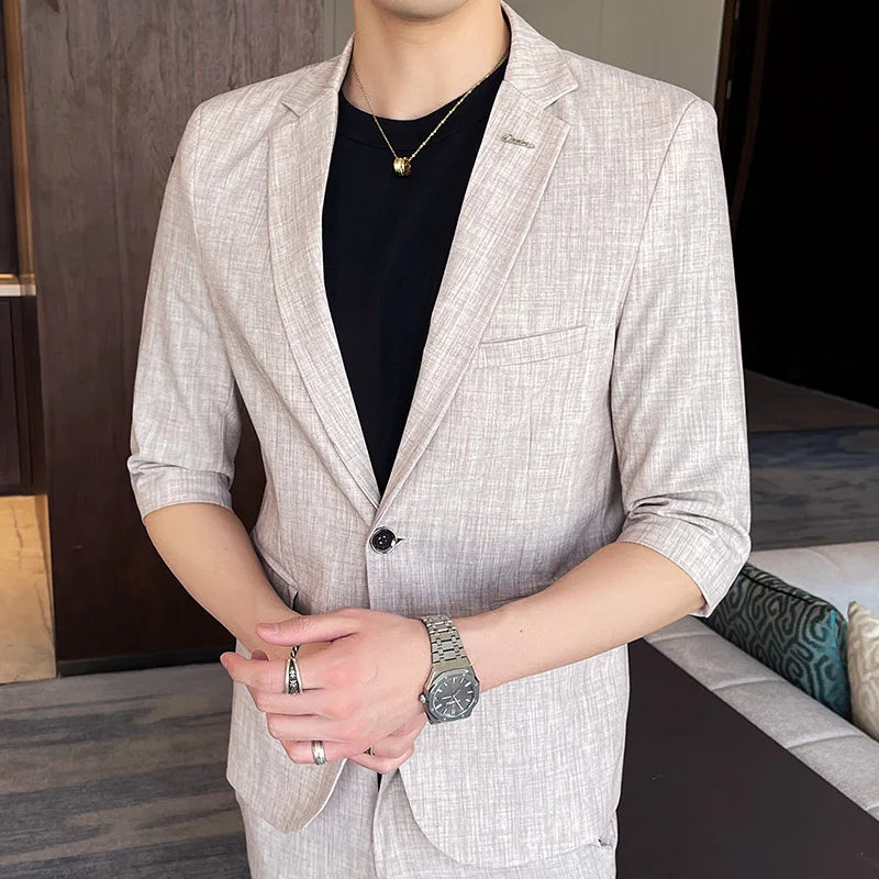 Men's Summer New Slim Fit 3/4 Sleeve Blazer Set Thin Seven-Point Sleeve Suit Outfit Casual Business Two-Piece Set
