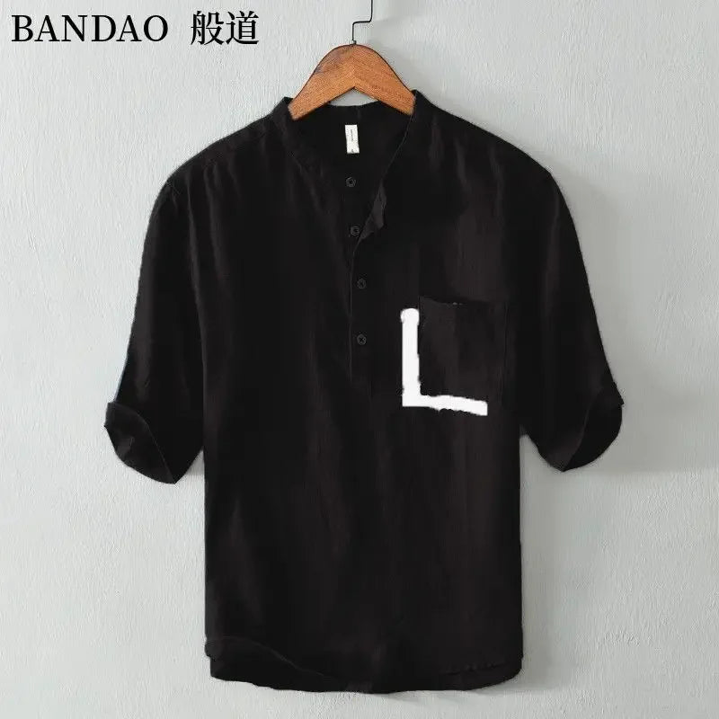 Chinese Style Spring and Summer Loose High-end Men's Linen Short-sleeved Cotton Linen Casual Breathable Shirt Collar T-shirt