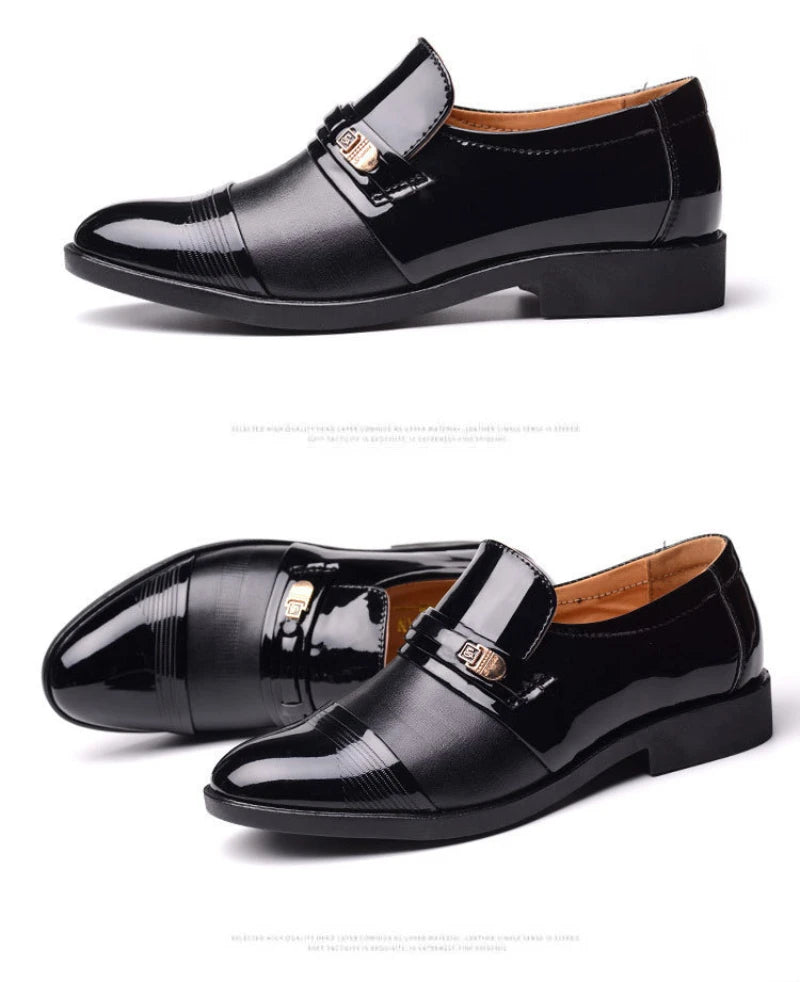 Mens Formal Two Tone Patent Leather Loafers Pointed Toe Slip On Shoes With Metal Buckle Low Heel Comfortable Non Slip Breathable