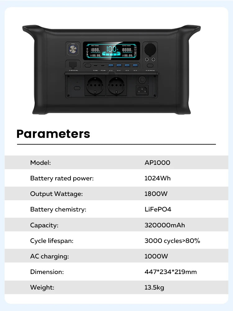 CTOLITY AP1000 1800W Portable Power Station 1024Wh Lifepo4 Battery Power Bank 320000Mah Solar Generator Emergency Power Supply