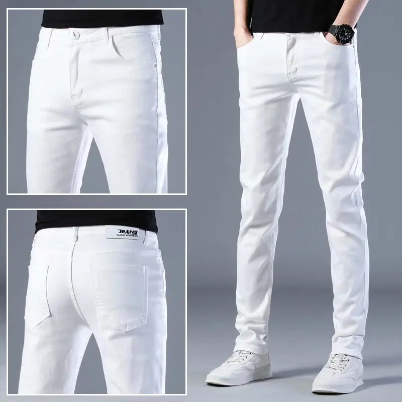 Men's Solid Color Jeans Slim Fit Small Leg Casual Classic White Black Spring Summer Thin Version