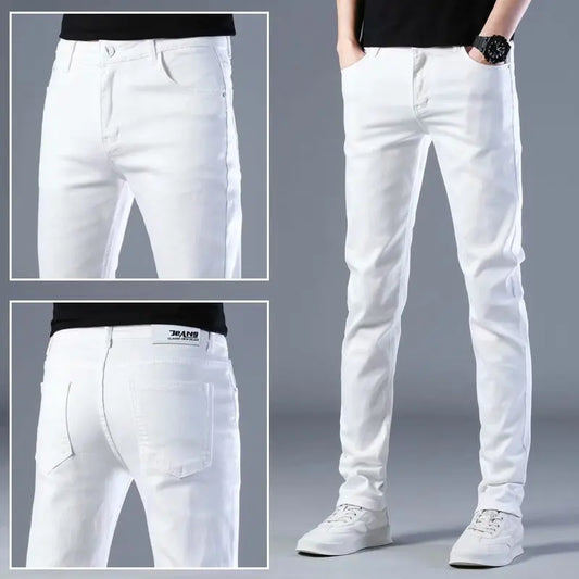 Men's Solid Color Jeans Slim Fit Small Leg Casual Classic White Black Spring Summer Thin Version
