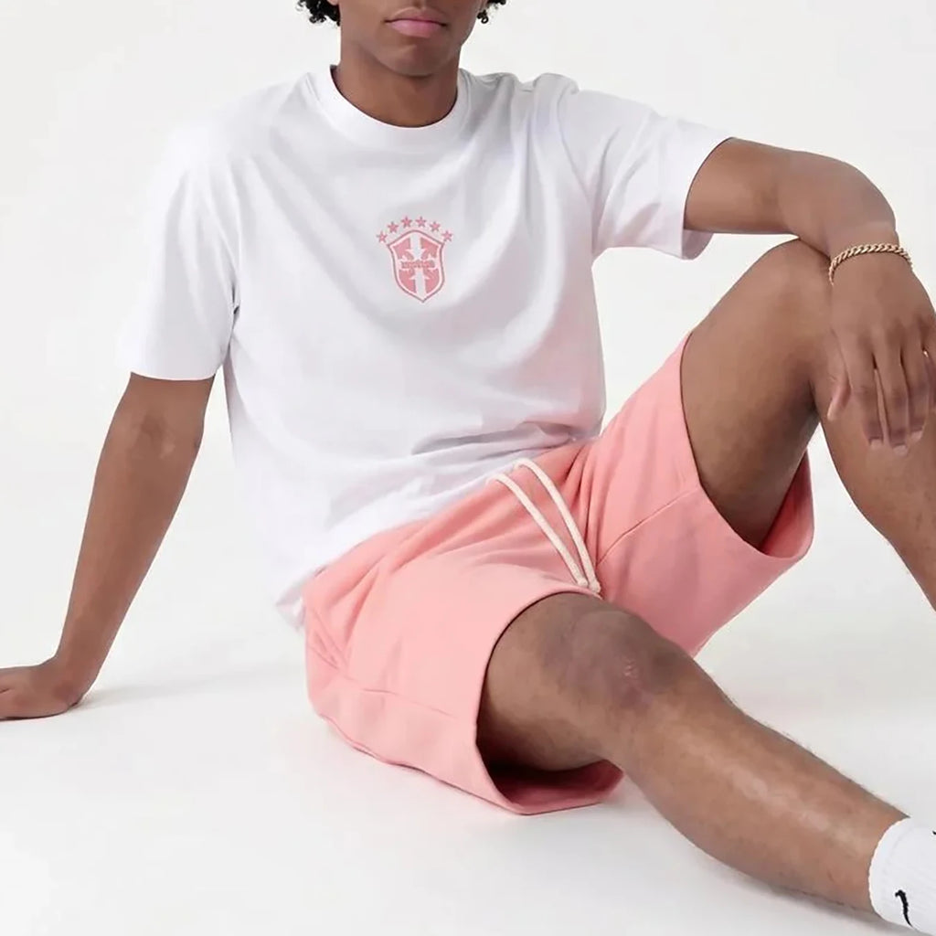 Summer new pink casual shorts straight through loose shorts printed round neck T-shirt set
