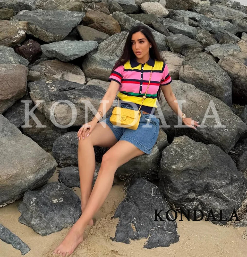 KONDALA Trendy Contrasting Colors Striped Tops Women Casual High Street Polo Shirts 2026 Summer Fashion Holiday Chic Knitted Top