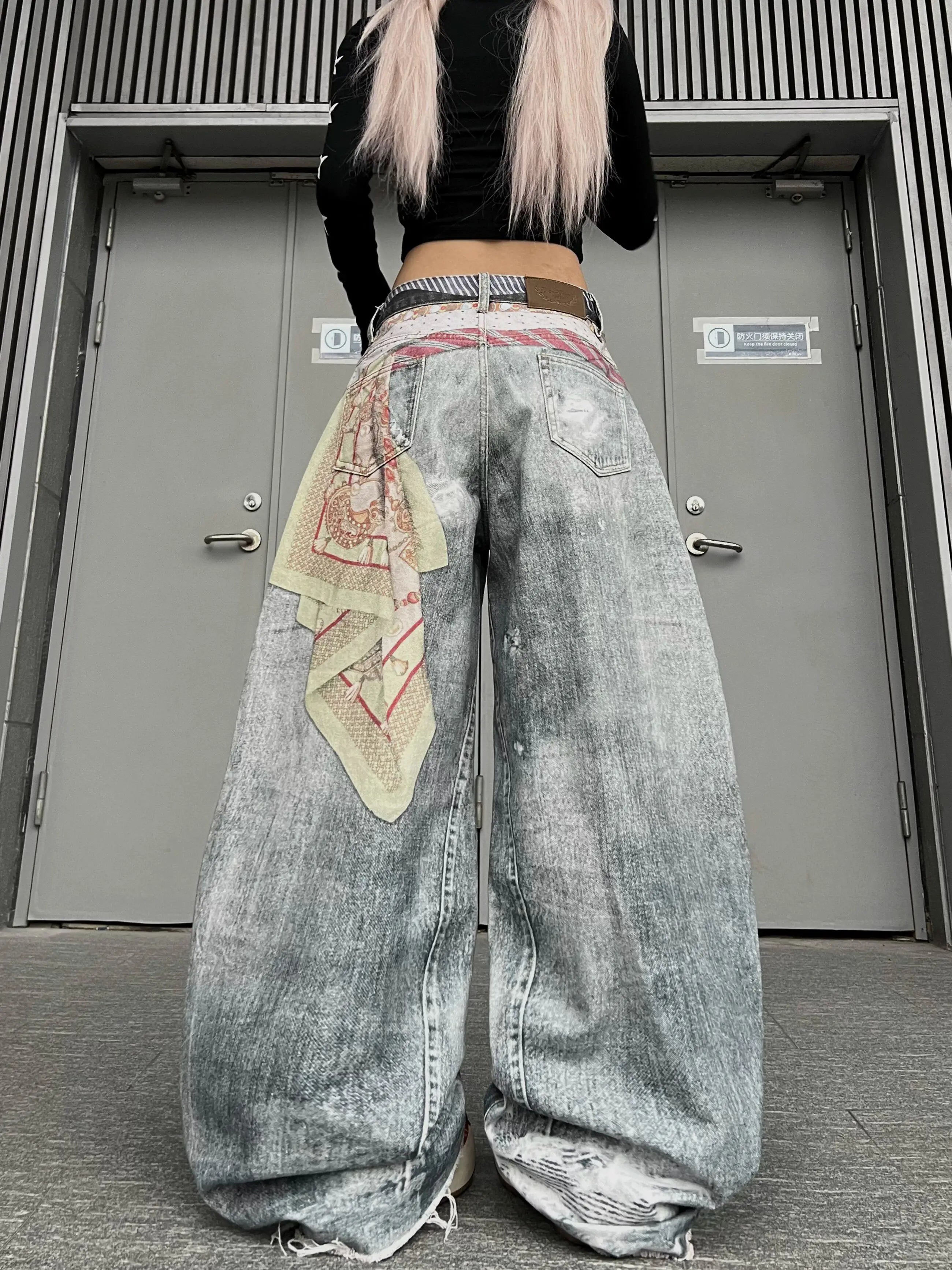 Women American Vintage Print Tie Machete Pattern Jeans Loose Wide Leg Street Hot Girl Design All Match Denim Long Trousers