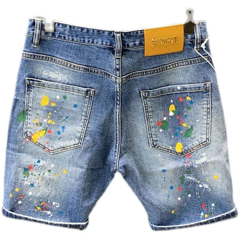 2025 Summer New Fashion Trend Printed Ripped Straight Stretch Jeans Men's Casual Loose Sports High Quality Denim Shorts 28-36