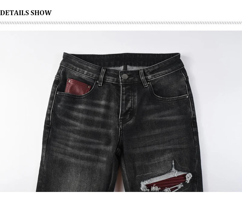 Men's Fashionable Black/Gray Jeans with Pleats Nostalgic Perforations Red Patches Washed Water High Street Style