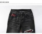 Men's Fashionable Black/Gray Jeans with Pleats Nostalgic Perforations Red Patches Washed Water High Street Style