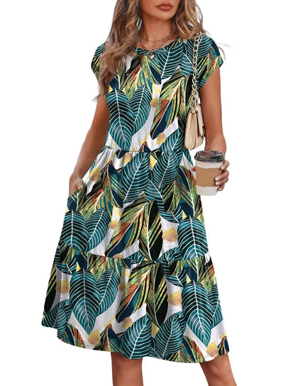 Women Cap Sleeve Casual Tiered Swing Dress Floral Print Summer Beach Vacation Dress