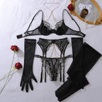 Ellolace Romantic Women's Lingerie Sets Elegant Chains Bra Belt Thong 3PC with Gloves Stockings Shiny Intimate Honey Underwear