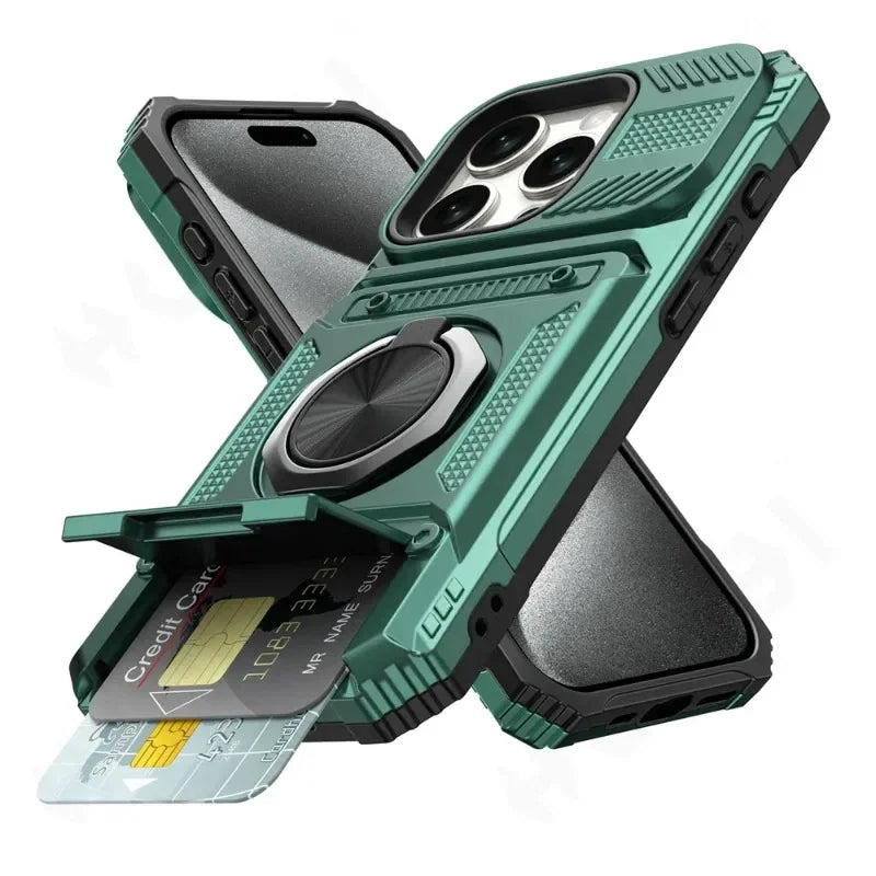 Military Quality Case for iPhone 11 13 14 15 16 Pro Max Magnetic Rotated Ring Kickstand Heavy Duty Drop Protection Wallet Cover
