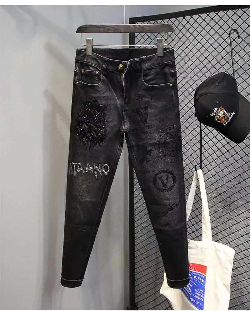 Hot-Stamped Rhinestone Men's Jeans, Trendy Brand, Stretchy Slim Fit, Embroidered and Printed Men's Trousers
