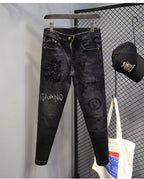 Hot-Stamped Rhinestone Men's Jeans, Trendy Brand, Stretchy Slim Fit, Embroidered and Printed Men's Trousers