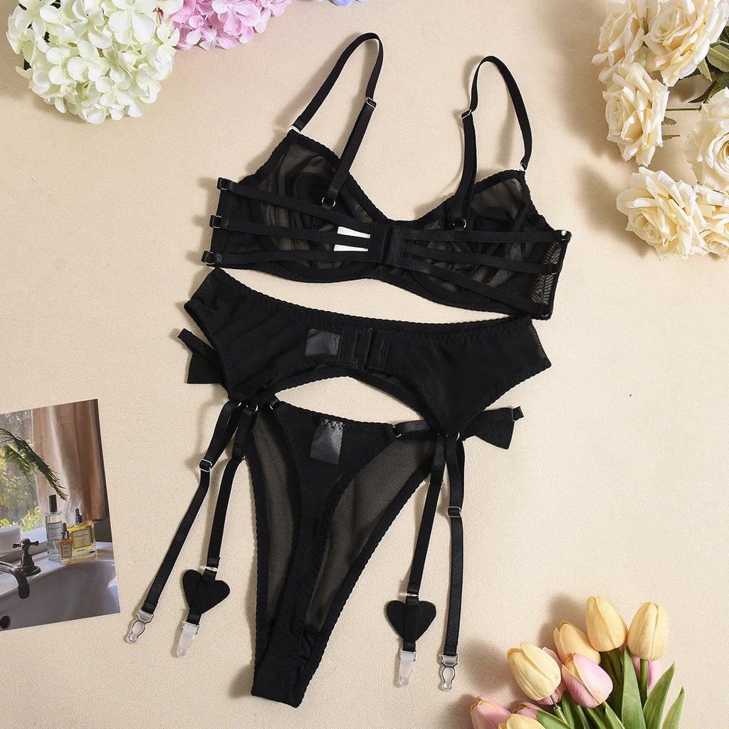 Ellolace Daring Women's Lingerie Sets Fancy Sexy Bra Belt Thong 3PC with Leg Circles Romantic Heart Rhinestone Women Underwear