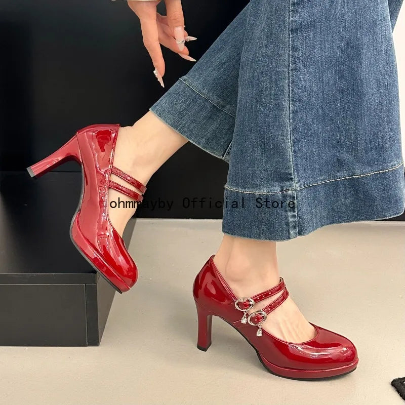Thin High Heel Women Mary Jane Shoes Concise Shallow Belt Buckle Shoes Spring Autumn Ladies Elegant Wedding Dancing Pumps