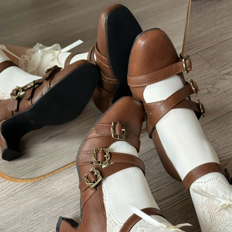 Sweet Lolita Cross Buckle Strap Women Mary Jane Shoes Fashion Multi Metal Buckle Shoes Retro Wedding Party Dress Ladies Pumps