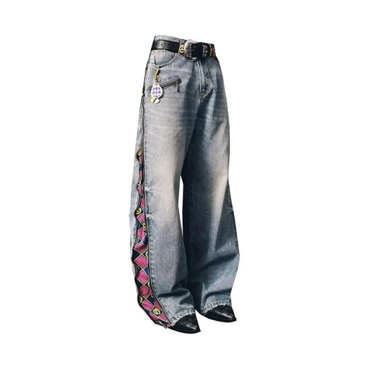 Japanese Anime Zip Off Panel Jeans Woman High Waist Wide Leg Detachable Print Denim Pants Purple Gold Patchwork Straight Jeans