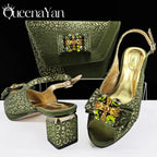 Queena Yan  2025 Shiny Italian Fashion Pointed Toe Women Heel Fashion Rhinestone Decoration Pink Color Shoes And Bag Set