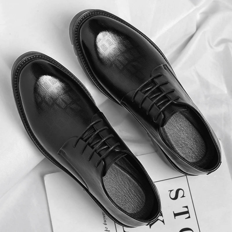 Men's Thick-Soled Low-Cut Business Formal Leather Shoes With Lace-Up Height Increase Groom's Wedding Shoes With Suit Shoes