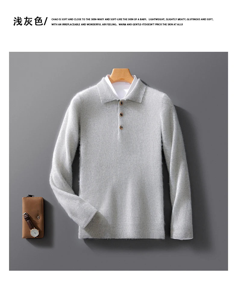 Autumn And Winter New 100 Pure Wool Sweater Men's POLO Collar Button Loose Pullover Sweater Cashmere Knitted Bottoming Shirt