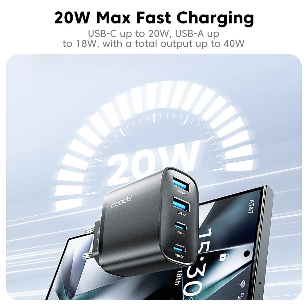 Toocki 40W GaN Fast Charger QC4.0 PD3.0 AFC SCP 4 Port USB Type C Charger for iPhone 16 15 14 Samsung S25 S24 Xiaomi Huawei OPPO