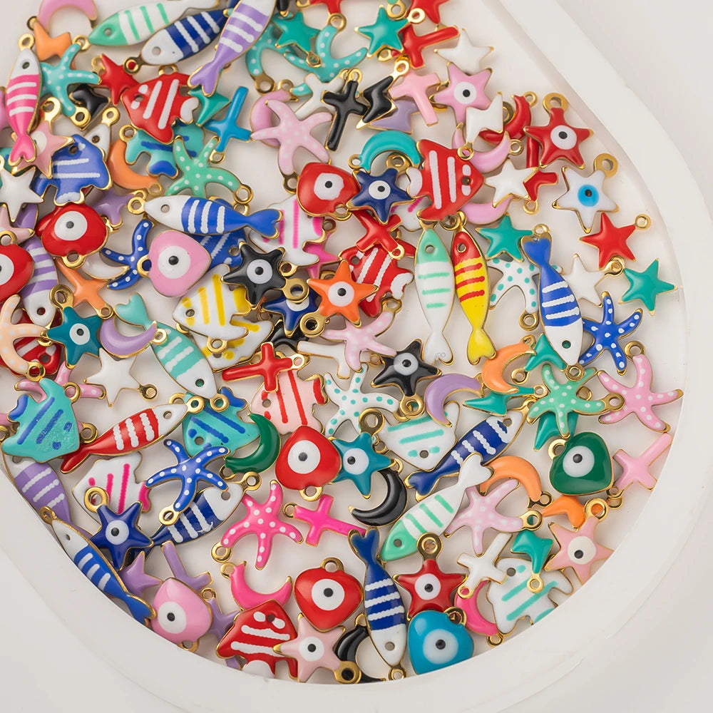 20pcs Stainless Steel Enamel Charms Mixed Moon Star Cross Fish Animal Charm Pendant DIY for Necklace Bracelet Jewelry Making