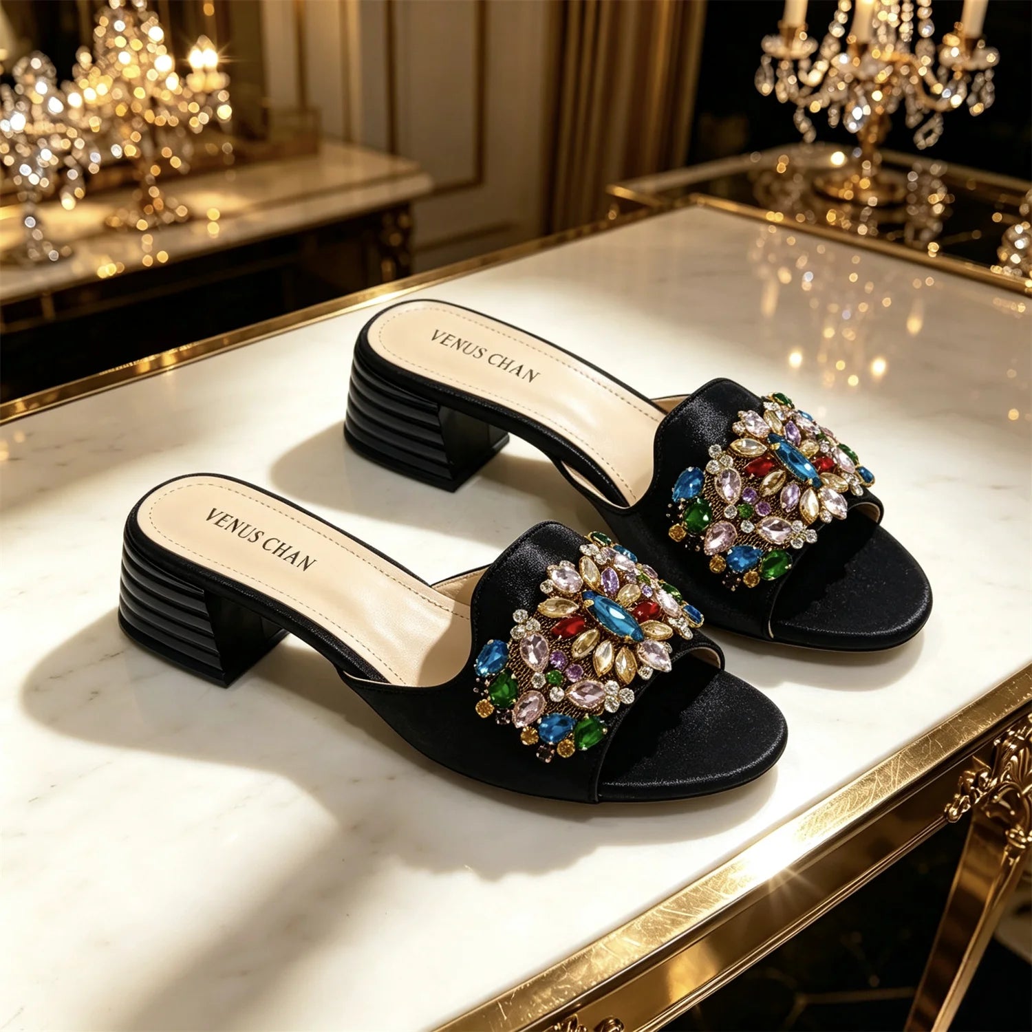 Venus Chan 2026 Luxury Italian Dark Black Rhinestone Peep Toe High Heels & Matching Bag for Women - Elegant Sandals