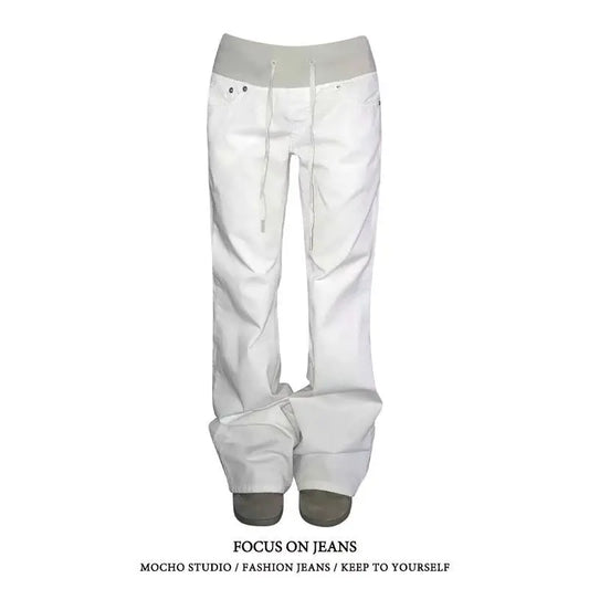 Women American Street Washed Spliced Elastic Waist Flare Jeans Plus Size Loose Drape Wide Leg Casual Trendy Denim Long Pants