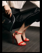 2026 new black patent leather rhinestone open toe sandals with slim heels and a straight ribbon for parties,high heels for women