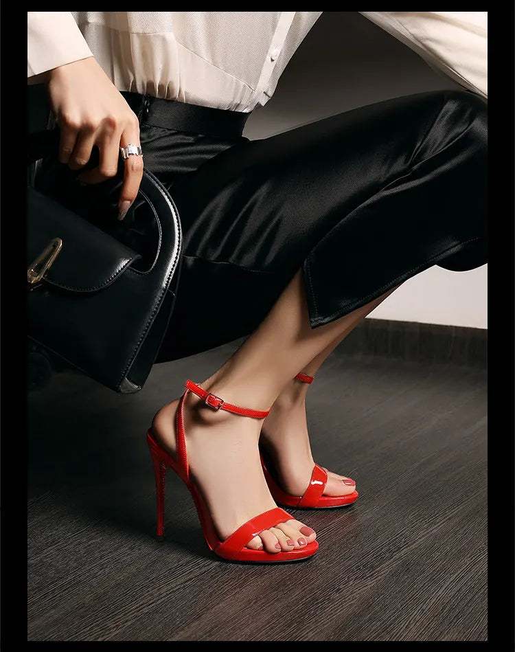 2026 new black patent leather rhinestone open toe sandals with slim heels and a straight ribbon for parties,high heels for women