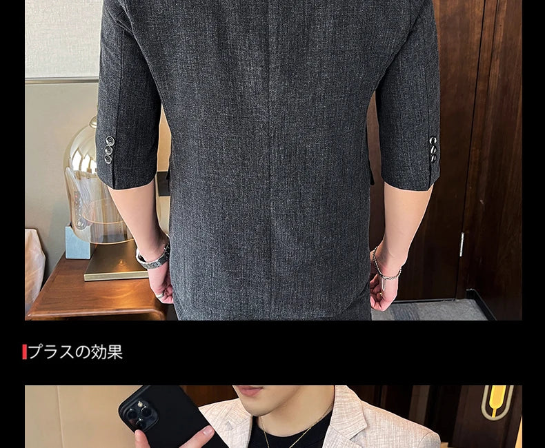 Men's Summer New Slim Fit 3/4 Sleeve Blazer Set Thin Seven-Point Sleeve Suit Outfit Casual Business Two-Piece Set