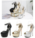 Sexy Super High Heels 14cm Fashion Wrinkled Leather Shoes Women Sandals Summer Peep Toe Platform Metal Buckle Female Pumps Party